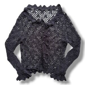 Crochet Knit Ruffle Trim Open Weave Scalloped Trim Button Fr Boho Beach Cardigan